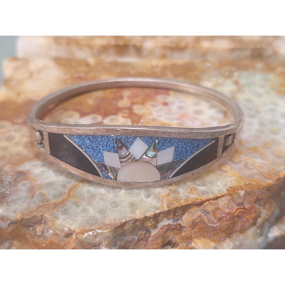 Vintage 925 Sterling Silver Southwestern Inlay Hinged Bangle Bracelet- As Found!